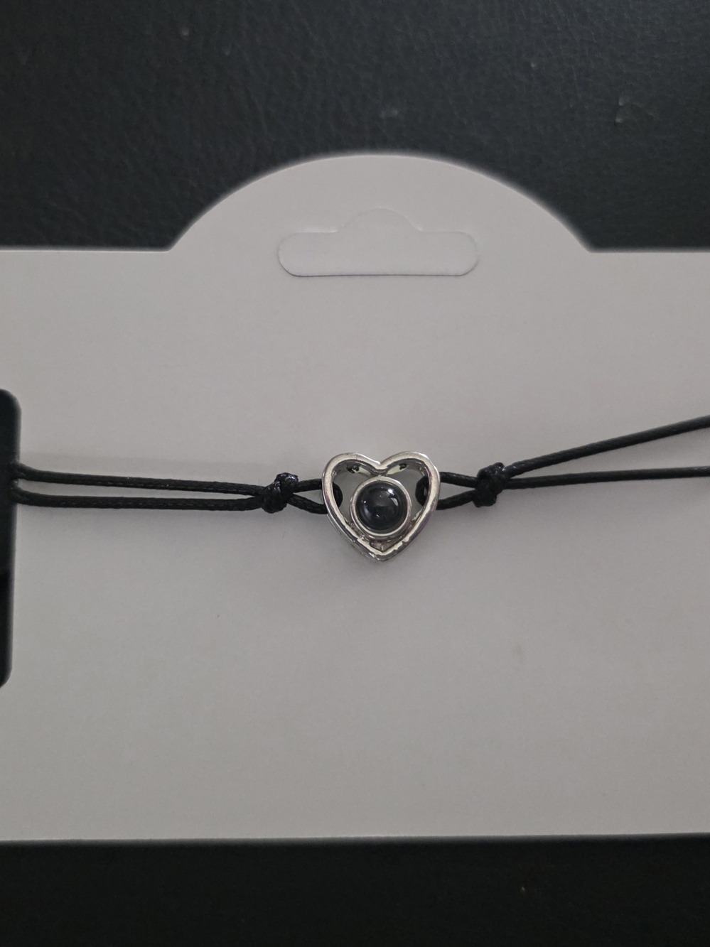 I Love You 100 Languages Projection Heart Bracelet Black Cord Adjustable Silver